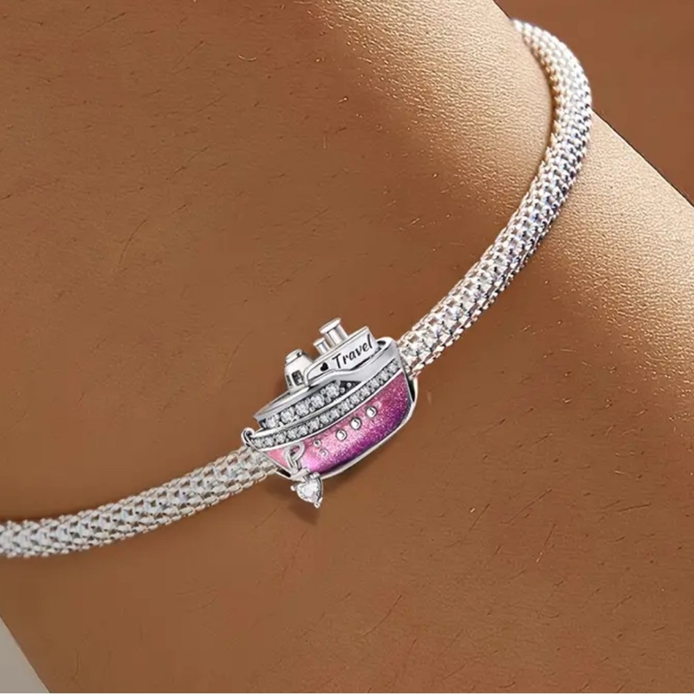 Cruise Ship Charm pink Bead Silver Charm Bracelet Jewelry🛳️ MSC Carnival Royal - Picture 2 of 2